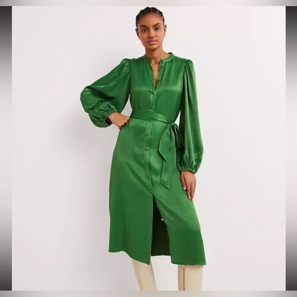 Boden Emerald Green Satin Midi Shirt Dress – Like New – Size 10R